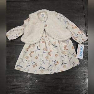 Carter's Floral Dress with Faux Fur Vest - Cream and Blue